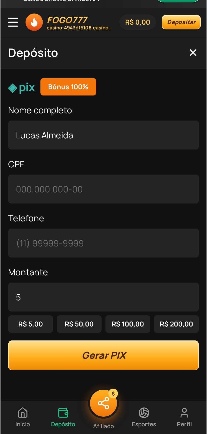 Tela de depósito por PIX na operação
