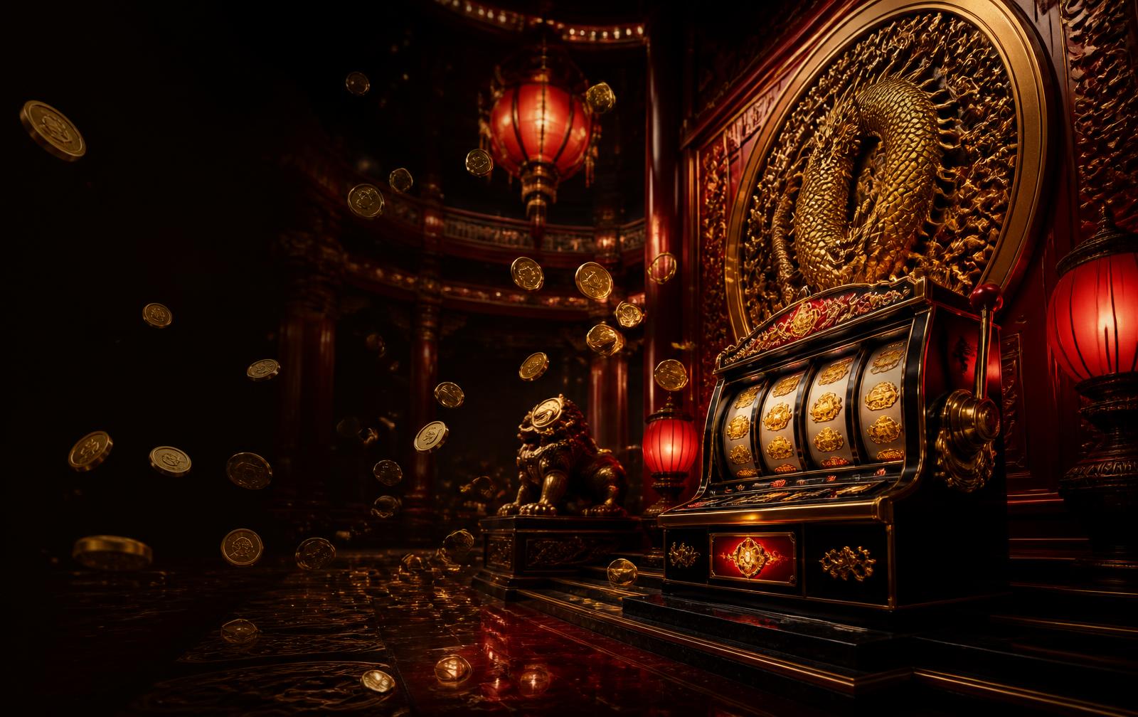 Ambiente de jogos online com dragão dourado e moedas